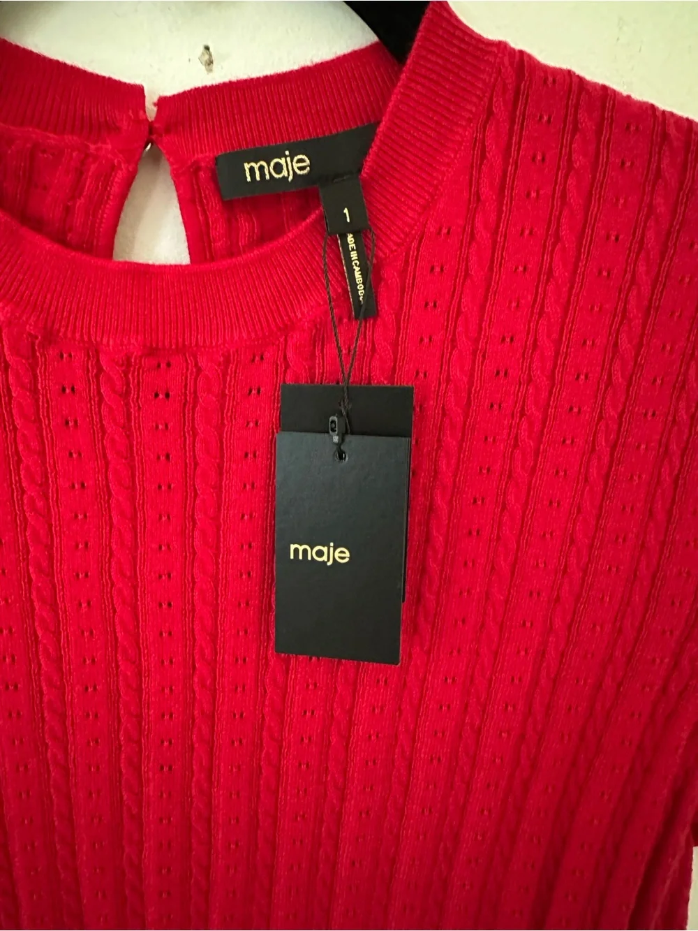NWT MAJE round neck jumper red cable-knit and pointelle short sleeves size S